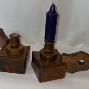 Vintage Wooden Candle Holder Set with Blue Candle Cottage Core